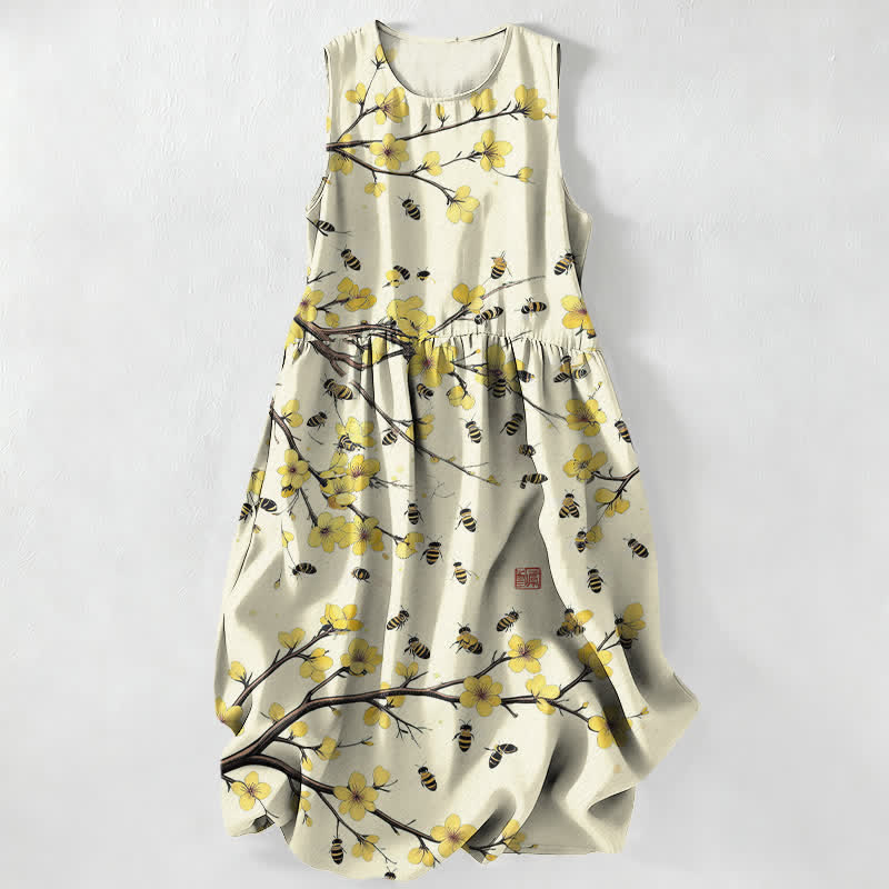 Nimara Ritual Summer Casual Yellow Floral Branch Pattern Women's Summer Sleeveless Midi Dress With Pockets