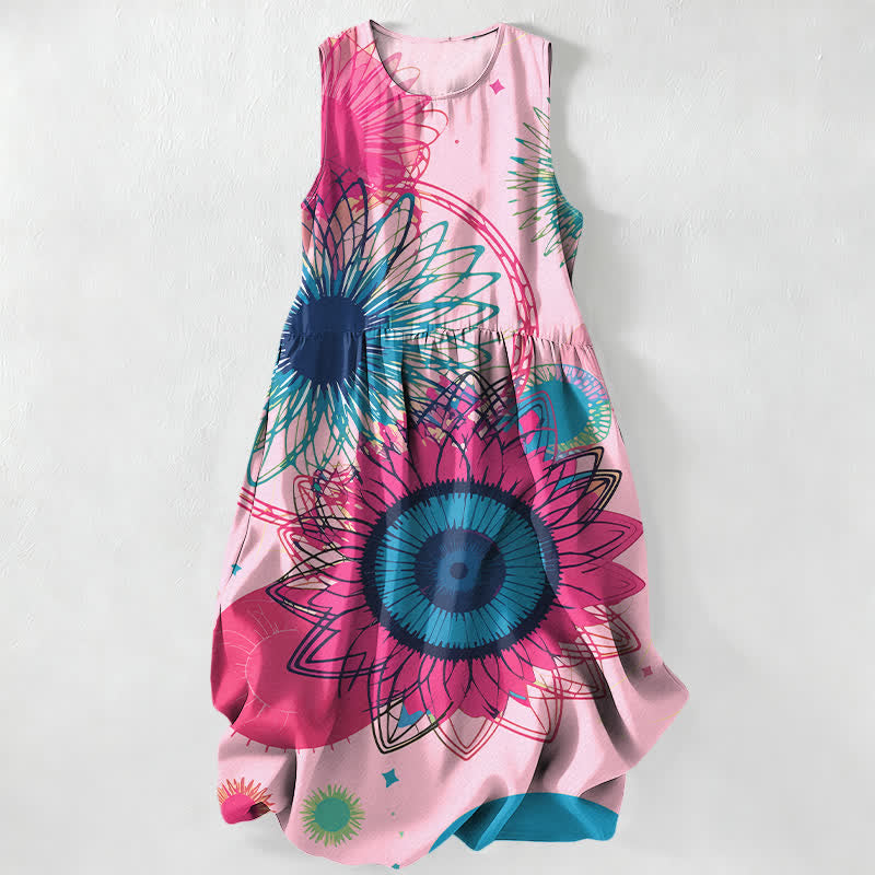 Nimara Ritual Summer Casual Radiant Big Sunflowers Floral Burst Pattern Women's Summer Sleeveless Midi Dress With Pockets