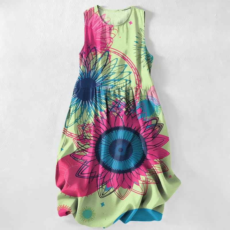 Nimara Ritual Summer Casual Radiant Big Sunflowers Floral Burst Pattern Women's Summer Sleeveless Midi Dress With Pockets