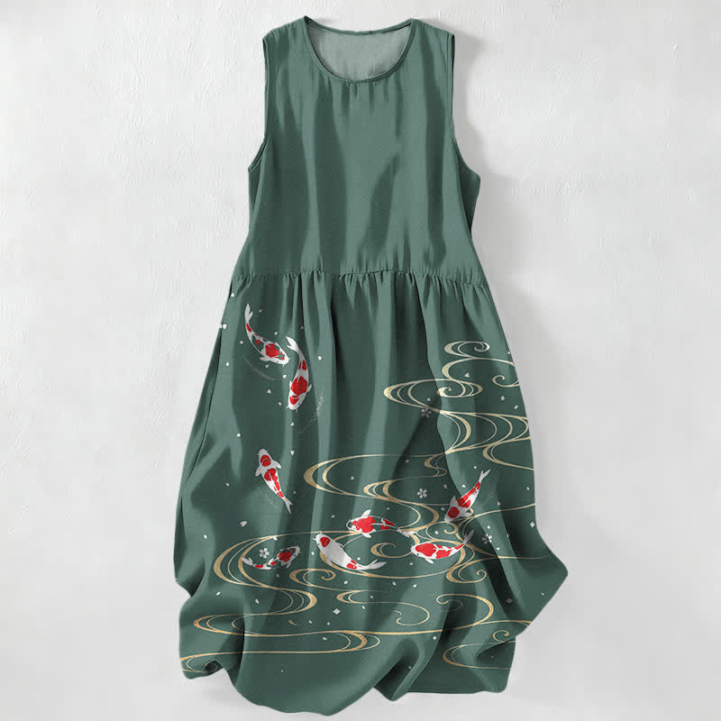 Nimara Ritual Summer Casual Koi Fish Ripple Pattern Women's Summer Sleeveless Midi Dress With Pockets