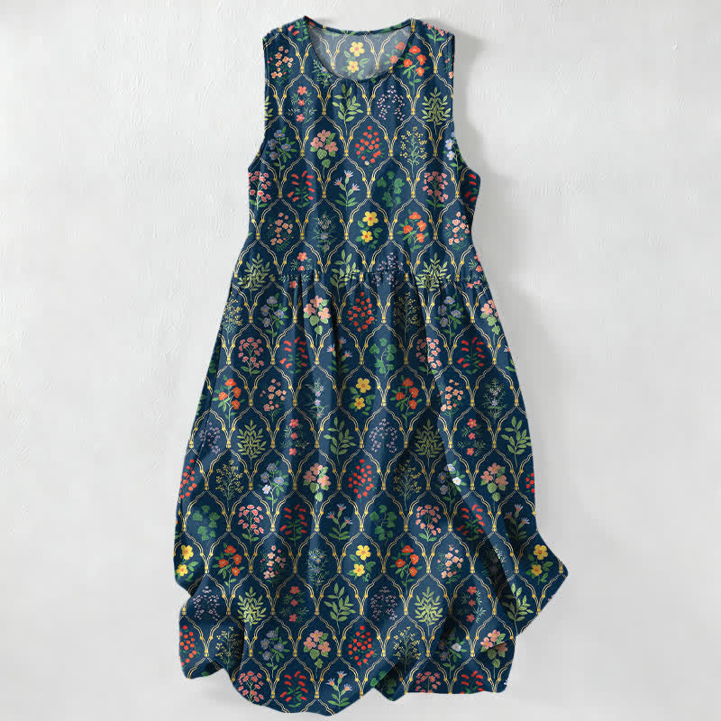 Nimara Ritual Summer Casual Various Colorful Floral Vine Pattern Women's Summer Sleeveless Midi Dress With Pockets