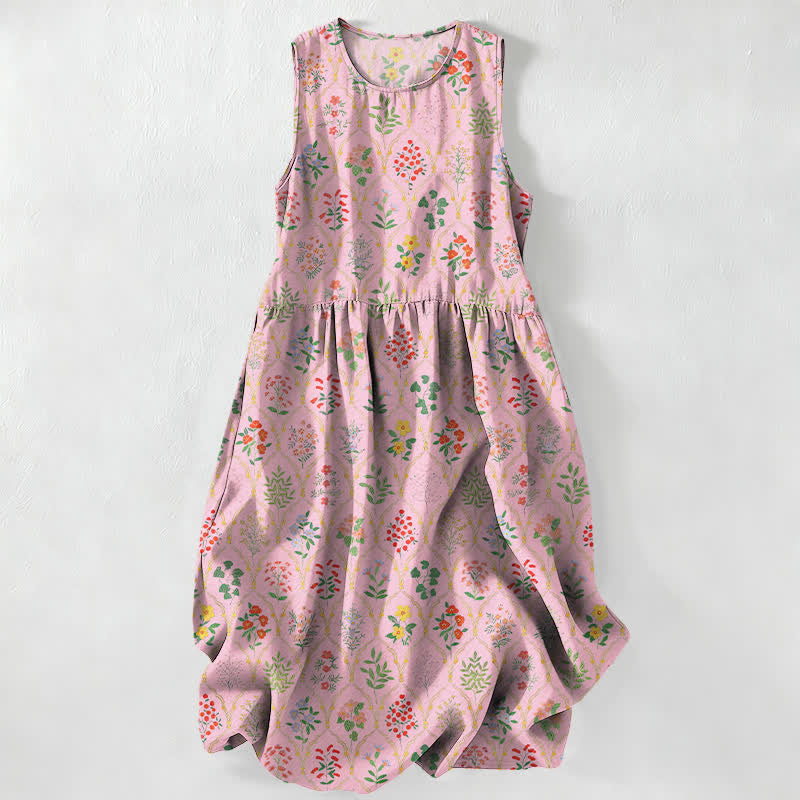 Nimara Ritual Summer Casual Various Colorful Floral Vine Pattern Women's Summer Sleeveless Midi Dress With Pockets