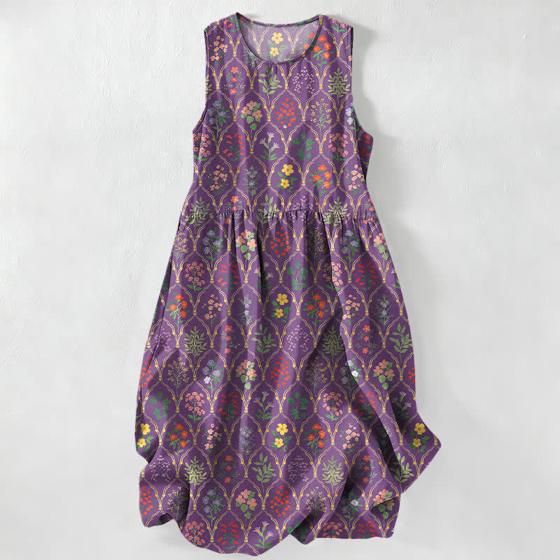 Nimara Ritual Summer Casual Various Colorful Floral Vine Pattern Women's Summer Sleeveless Midi Dress With Pockets