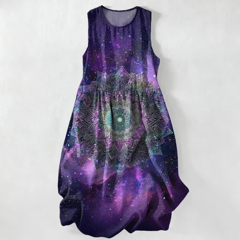 Nimara Ritual Summer Casual Cosmic Mandala Galaxy Pattern Women's Summer Sleeveless Midi Dress With Pockets
