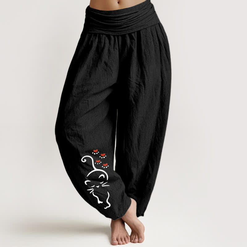 Nimara Ritual Pure Cotton Cat Line Cartoon Pattern Women's Elastic Waist Harem Pants