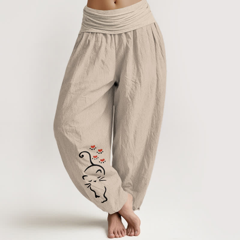 Nimara Ritual Pure Cotton Cat Line Cartoon Pattern Women's Elastic Waist Harem Pants
