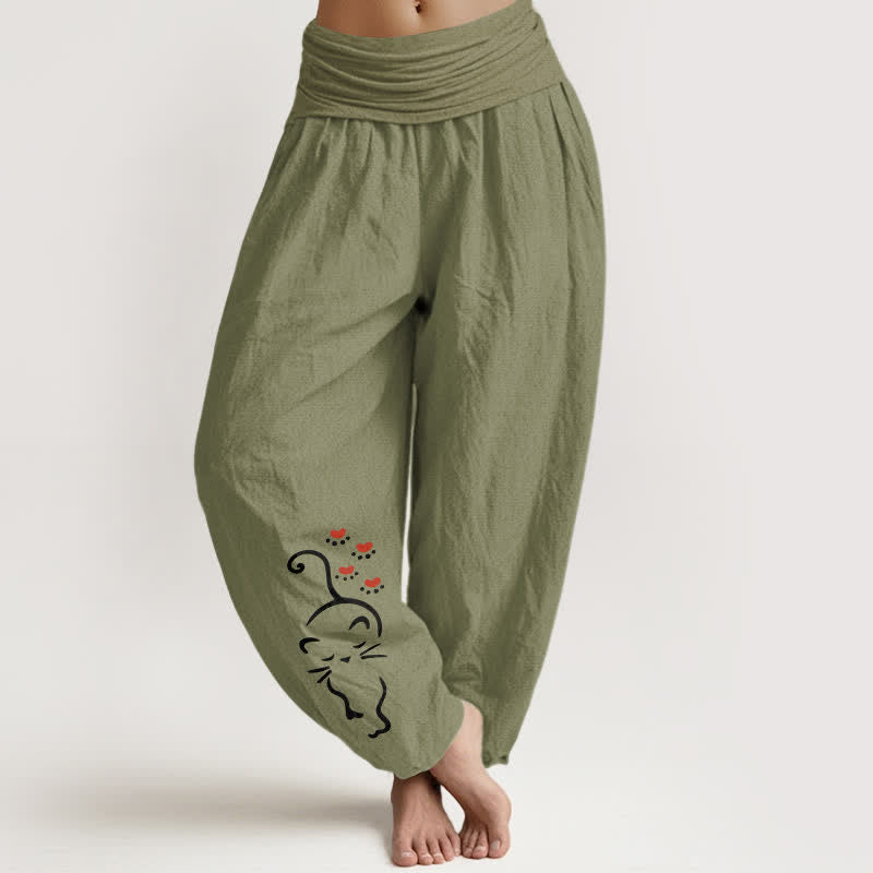 Nimara Ritual Pure Cotton Cat Line Cartoon Pattern Women's Elastic Waist Harem Pants