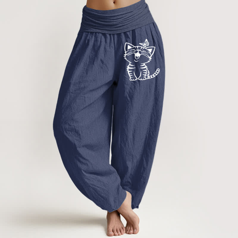 Nimara Ritual Pure Cotton Cat Butterfly Pattern Women's Elastic Waist Harem Pants
