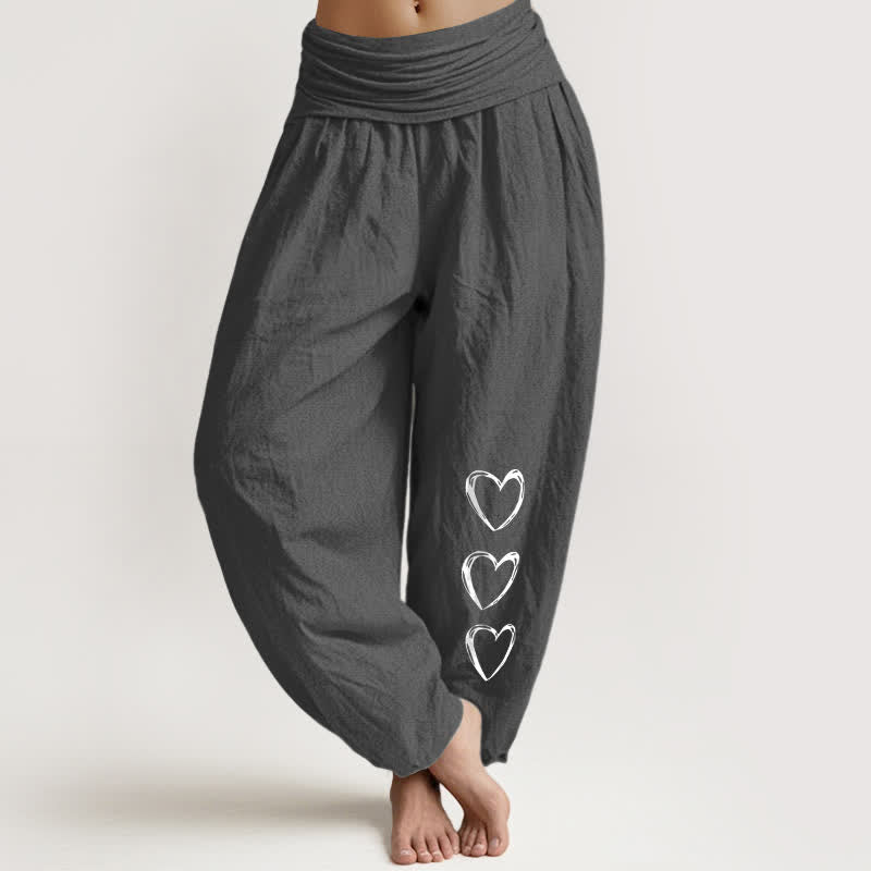 Nimara Ritual Pure Cotton Three Love Heart Pattern Women's Elastic Waist Harem Pants