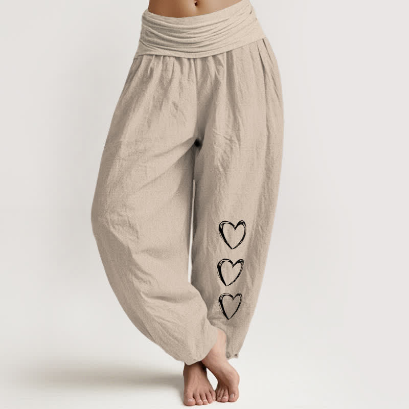 Nimara Ritual Pure Cotton Three Love Heart Pattern Women's Elastic Waist Harem Pants