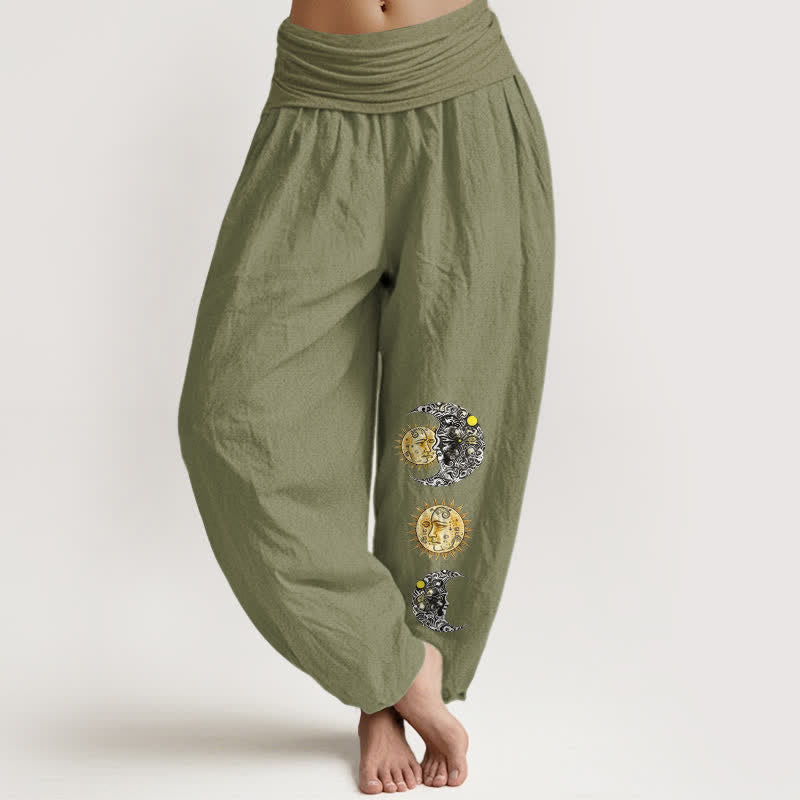 Nimara Ritual Pure Cotton Sun and Moon Pattern Women's Elastic Waist Harem Pants