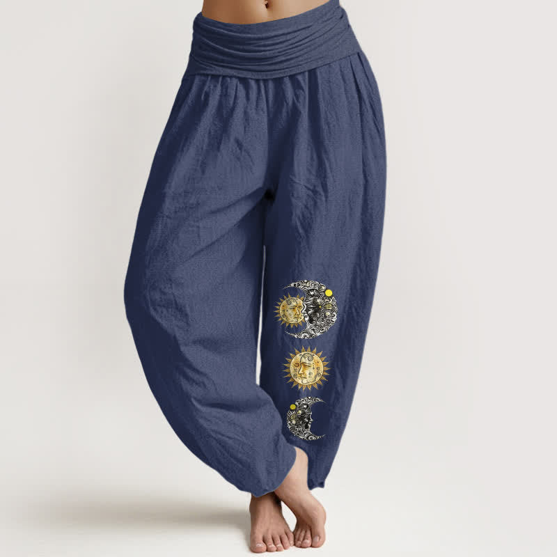 Nimara Ritual Pure Cotton Sun and Moon Pattern Women's Elastic Waist Harem Pants