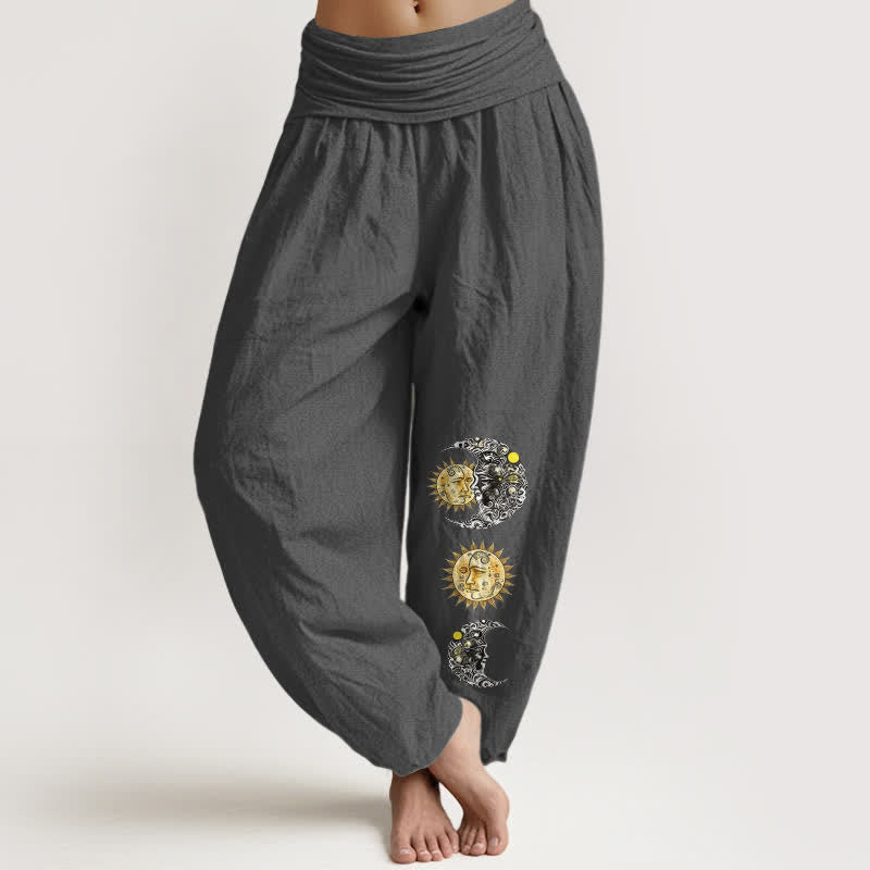 Nimara Ritual Pure Cotton Sun and Moon Pattern Women's Elastic Waist Harem Pants
