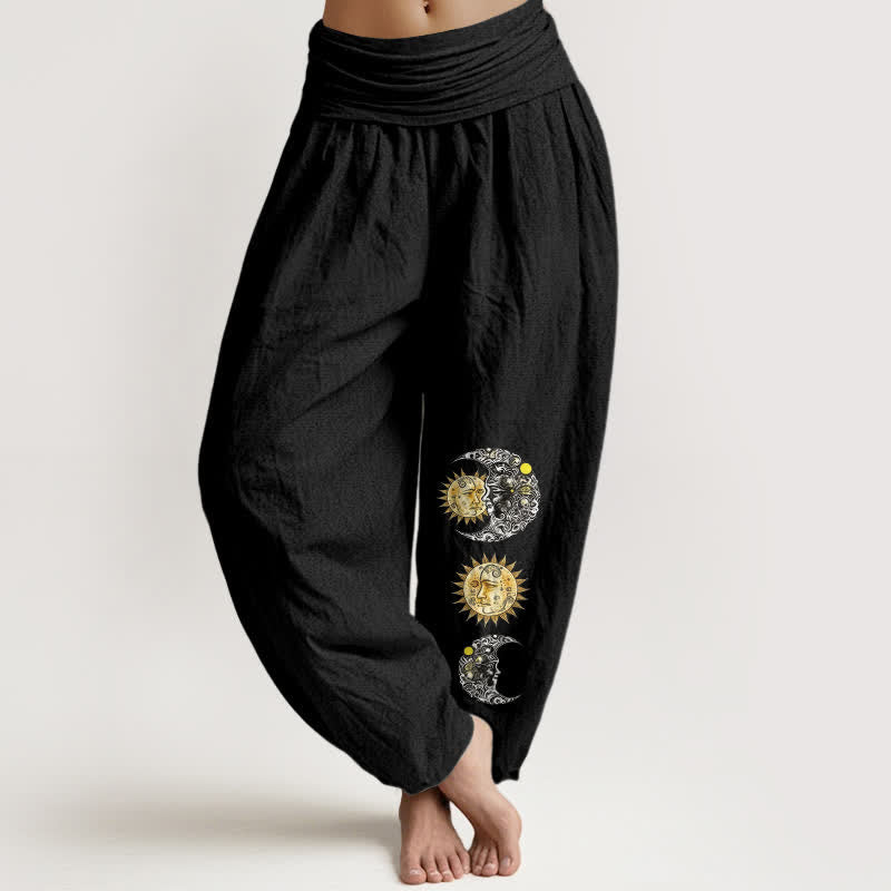 Nimara Ritual Pure Cotton Sun and Moon Pattern Women's Elastic Waist Harem Pants