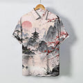 Nimara Ritual Ink Landscape Pavilion Blossom Pattern Buttons Breathable Men's Short Sleeve Shirt