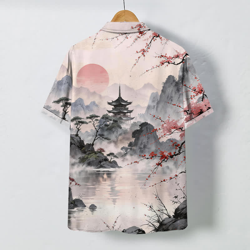 Nimara Ritual Ink Landscape Pavilion Blossom Pattern Buttons Breathable Men's Short Sleeve Shirt