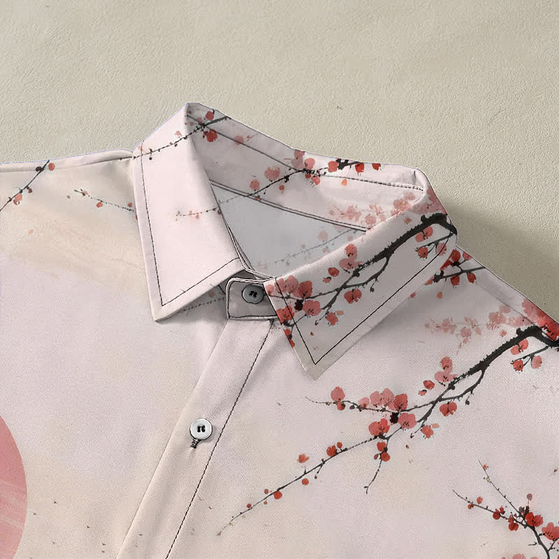 Nimara Ritual Ink Landscape Pavilion Blossom Pattern Buttons Breathable Men's Short Sleeve Shirt