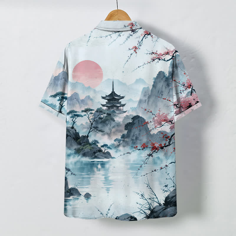 Nimara Ritual Ink Landscape Pavilion Blossom Pattern Buttons Breathable Men's Short Sleeve Shirt