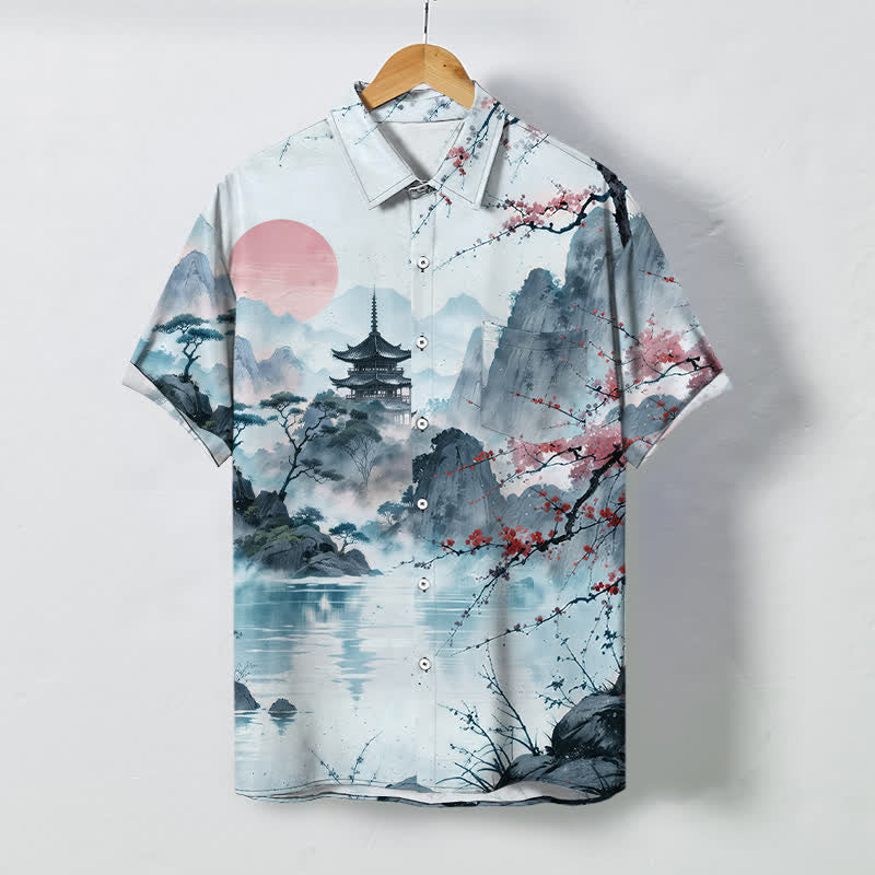 Nimara Ritual Ink Landscape Pavilion Blossom Pattern Buttons Breathable Men's Short Sleeve Shirt