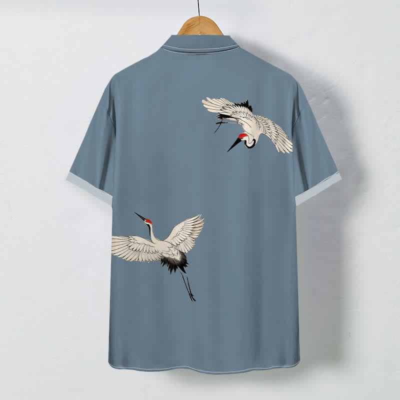Nimara Ritual Soaring White Crane Pattern Buttons Breathable Men's Short Sleeve Shirt