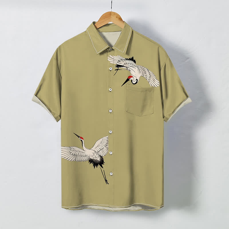 Nimara Ritual Soaring White Crane Pattern Buttons Breathable Men's Short Sleeve Shirt