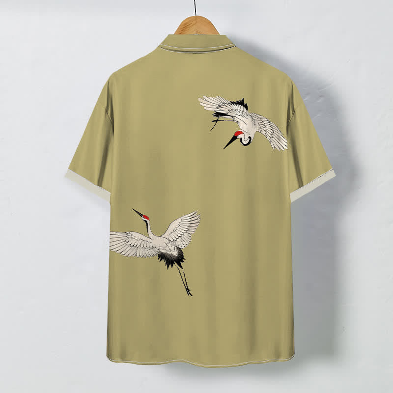 Nimara Ritual Soaring White Crane Pattern Buttons Breathable Men's Short Sleeve Shirt