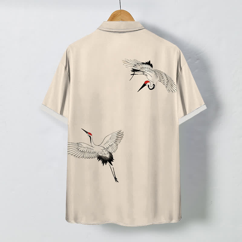 Nimara Ritual Soaring White Crane Pattern Buttons Breathable Men's Short Sleeve Shirt