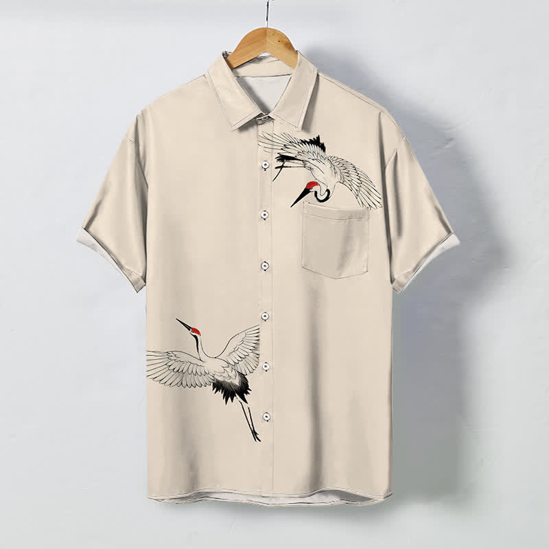 Nimara Ritual Soaring White Crane Pattern Buttons Breathable Men's Short Sleeve Shirt