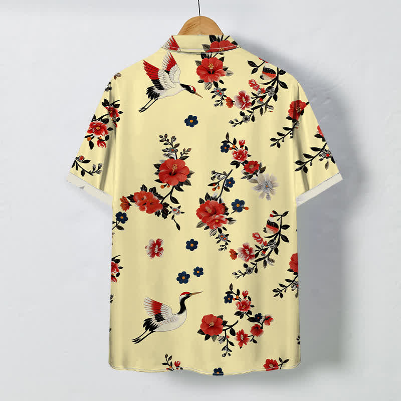 Nimara Ritual Crane Blossom Branch Pattern Buttons Breathable Men's Short Sleeve Shirt