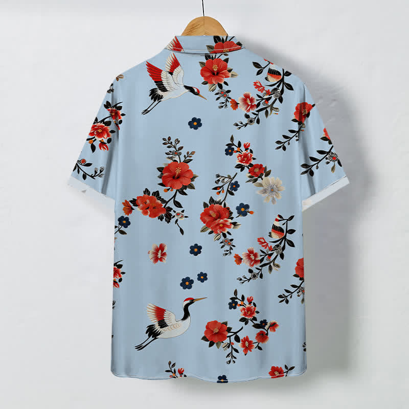 Nimara Ritual Crane Blossom Branch Pattern Buttons Breathable Men's Short Sleeve Shirt