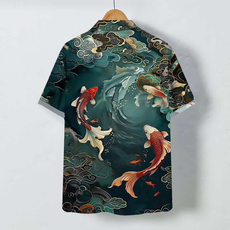 Nimara Ritual Vintage Koi Fish Wave Cloud Pattern Buttons Breathable Men's Short Sleeve Shirt