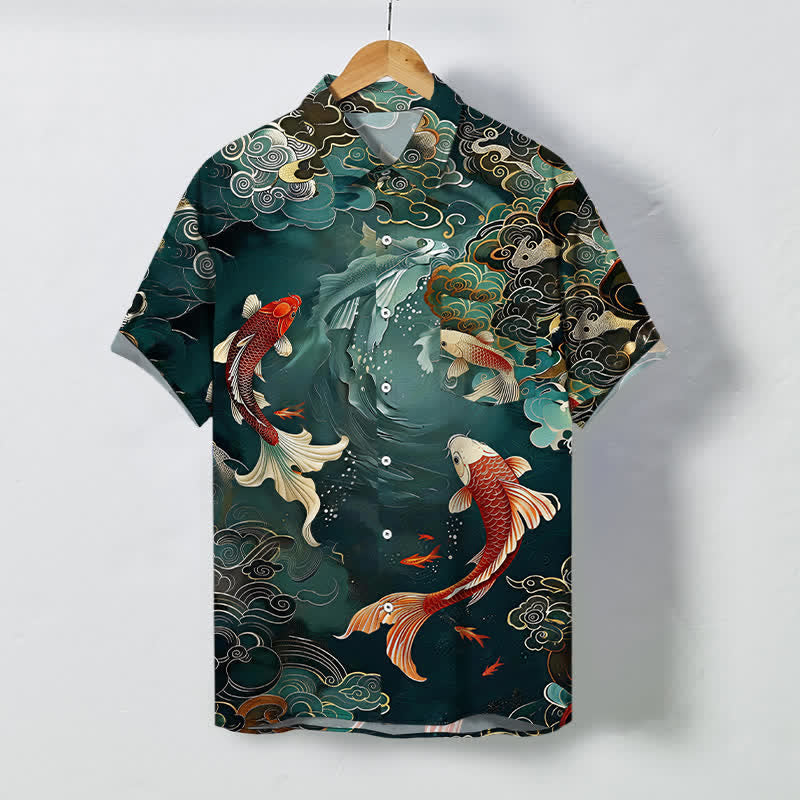Nimara Ritual Vintage Koi Fish Wave Cloud Pattern Buttons Breathable Men's Short Sleeve Shirt