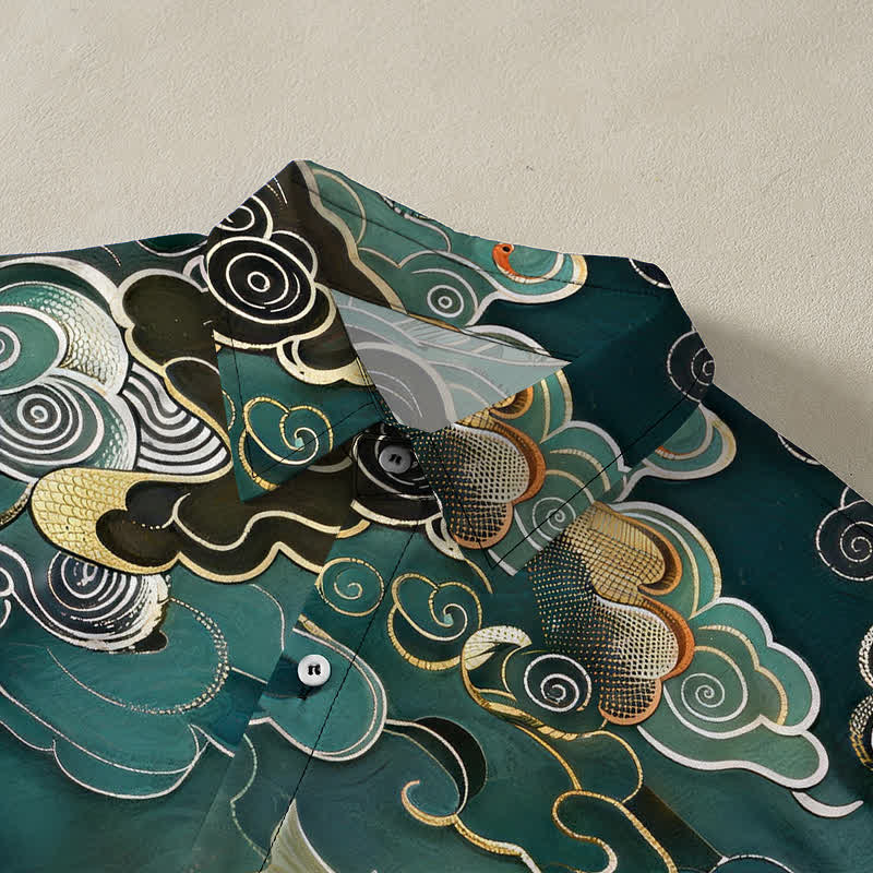 Nimara Ritual Vintage Koi Fish Wave Cloud Pattern Buttons Breathable Men's Short Sleeve Shirt