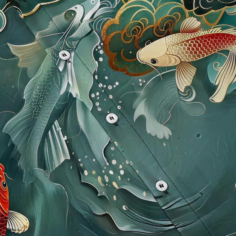Nimara Ritual Vintage Koi Fish Wave Cloud Pattern Buttons Breathable Men's Short Sleeve Shirt
