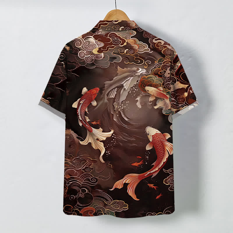 Nimara Ritual Vintage Koi Fish Wave Cloud Pattern Buttons Breathable Men's Short Sleeve Shirt