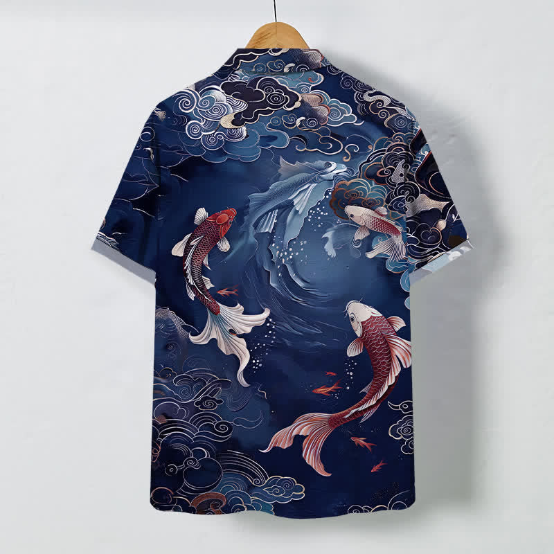 Nimara Ritual Vintage Koi Fish Wave Cloud Pattern Buttons Breathable Men's Short Sleeve Shirt
