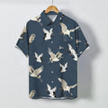 Nimara Ritual White Crane Bird Pattern Buttons Breathable Men's Short Sleeve Shirt
