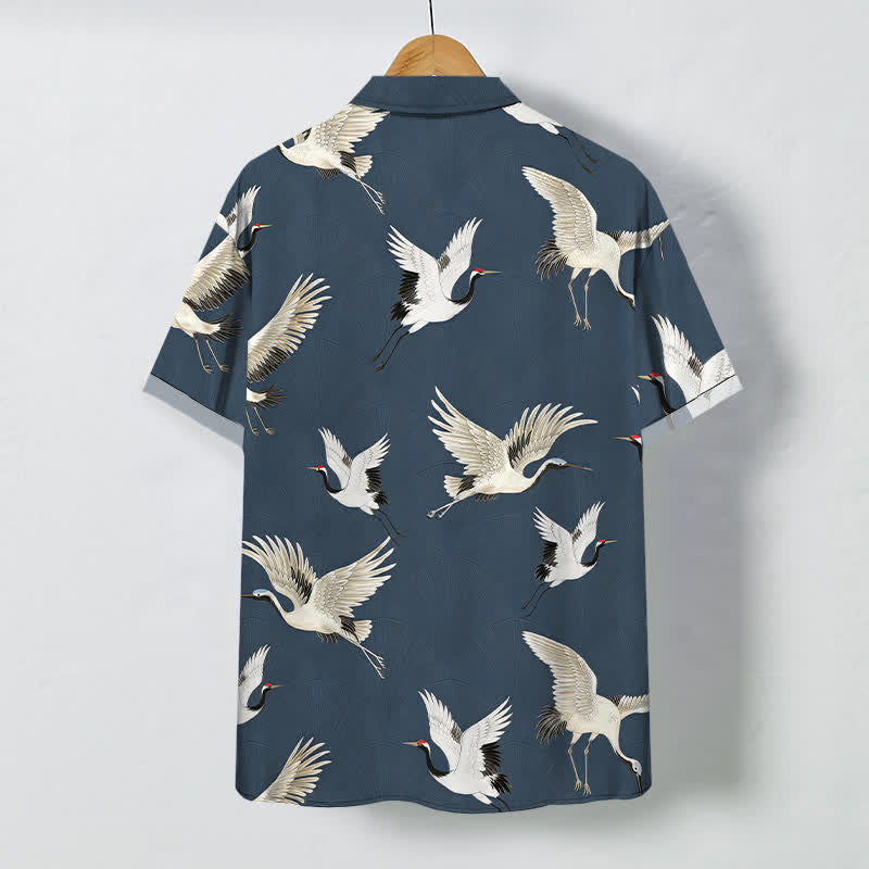 Nimara Ritual White Crane Bird Pattern Buttons Breathable Men's Short Sleeve Shirt