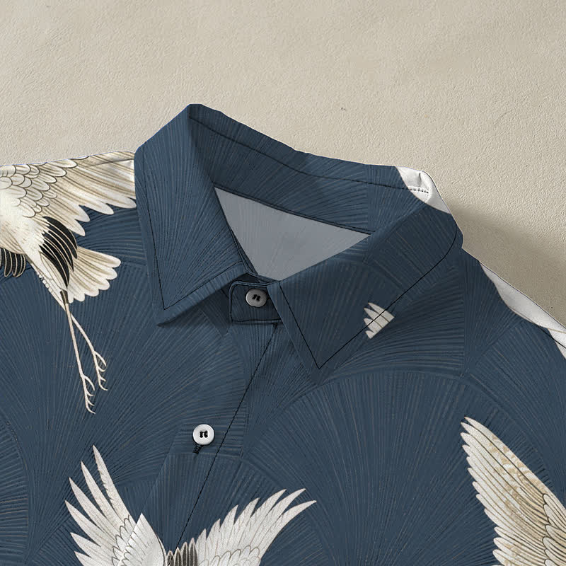 Nimara Ritual White Crane Bird Pattern Buttons Breathable Men's Short Sleeve Shirt