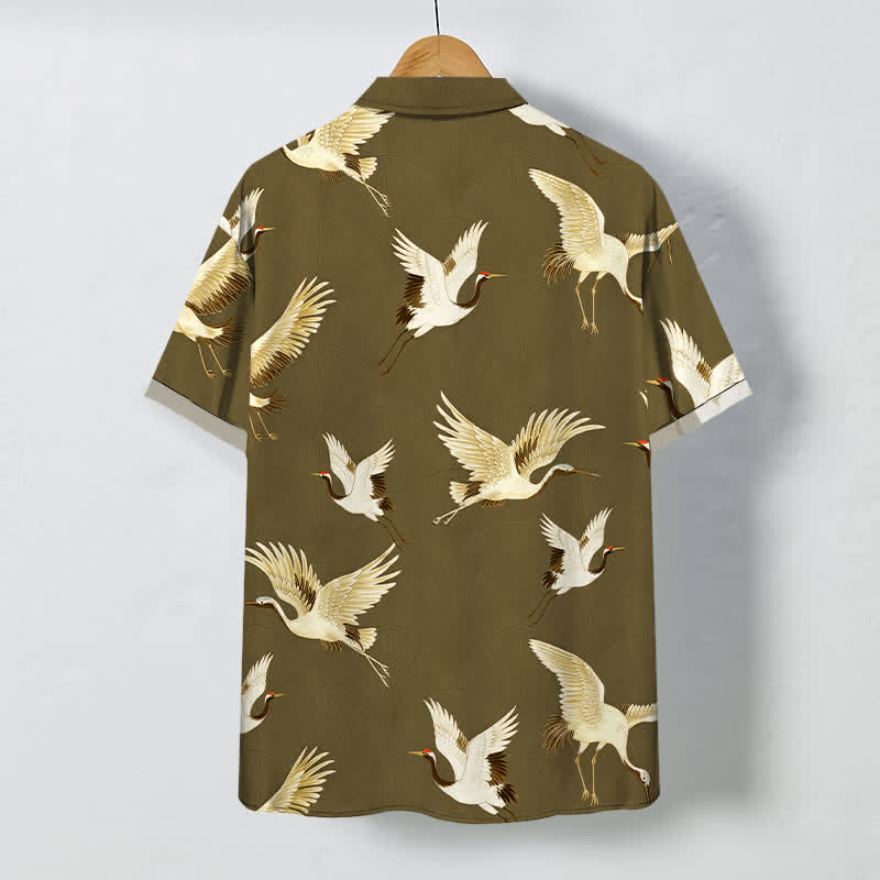 Nimara Ritual White Crane Bird Pattern Buttons Breathable Men's Short Sleeve Shirt