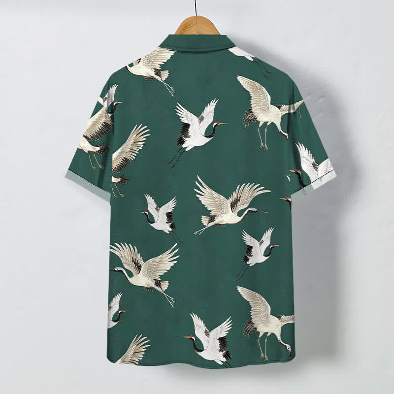 Nimara Ritual White Crane Bird Pattern Buttons Breathable Men's Short Sleeve Shirt