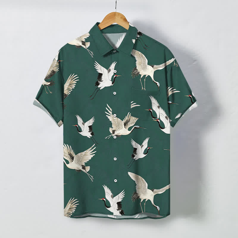 Nimara Ritual White Crane Bird Pattern Buttons Breathable Men's Short Sleeve Shirt