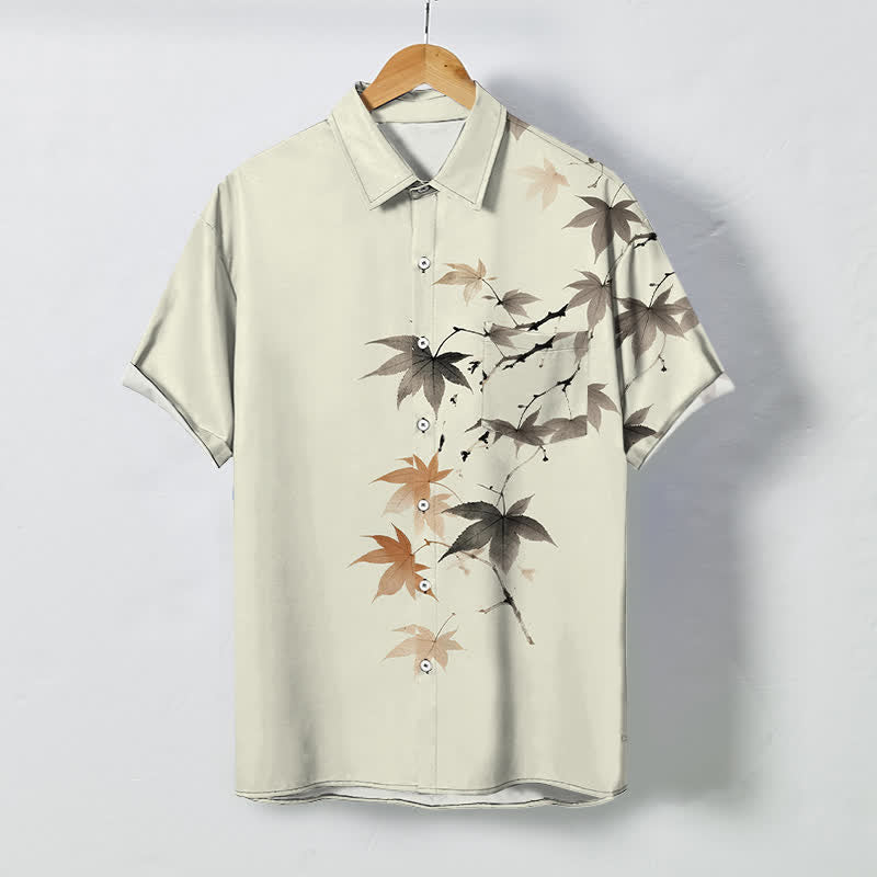 Nimara Ritual Autumn Maple Branch Pattern Buttons Breathable Men's Short Sleeve Shirt