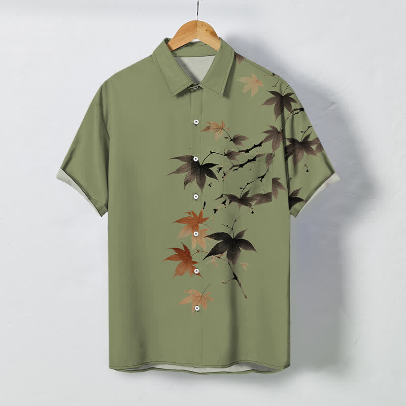 Nimara Ritual Autumn Maple Branch Pattern Buttons Breathable Men's Short Sleeve Shirt