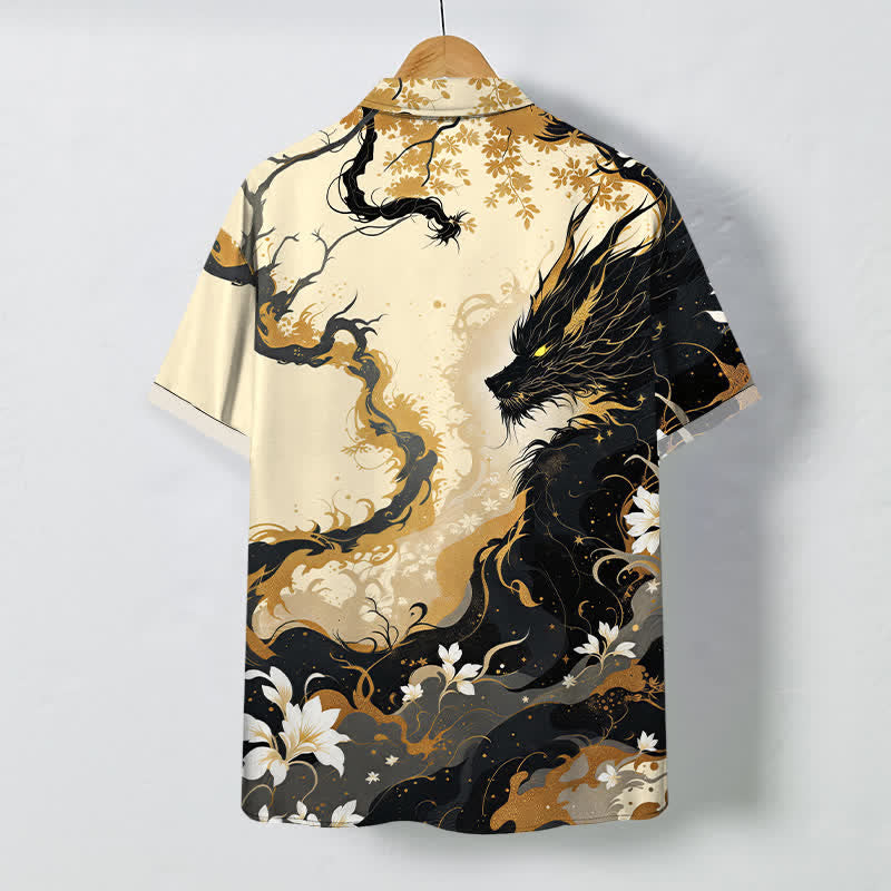 Nimara Ritual Golden Dragon Cloud Floral Pattern Buttons Breathable Men's Short Sleeve Shirt