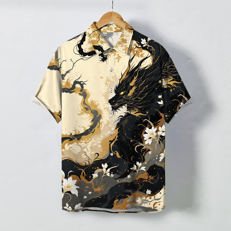 Nimara Ritual Golden Dragon Cloud Floral Pattern Buttons Breathable Men's Short Sleeve Shirt