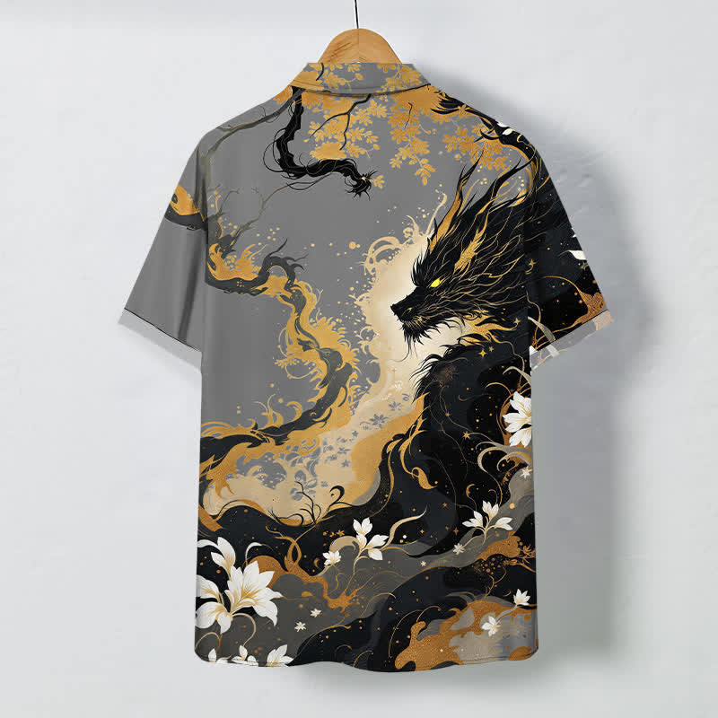 Nimara Ritual Golden Dragon Cloud Floral Pattern Buttons Breathable Men's Short Sleeve Shirt