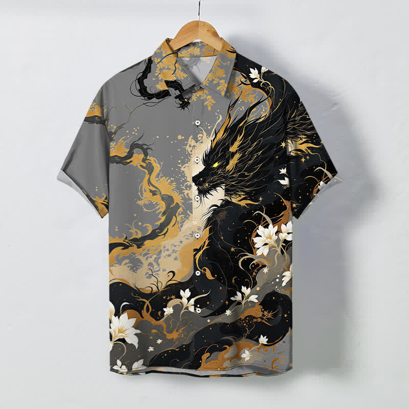 Nimara Ritual Golden Dragon Cloud Floral Pattern Buttons Breathable Men's Short Sleeve Shirt