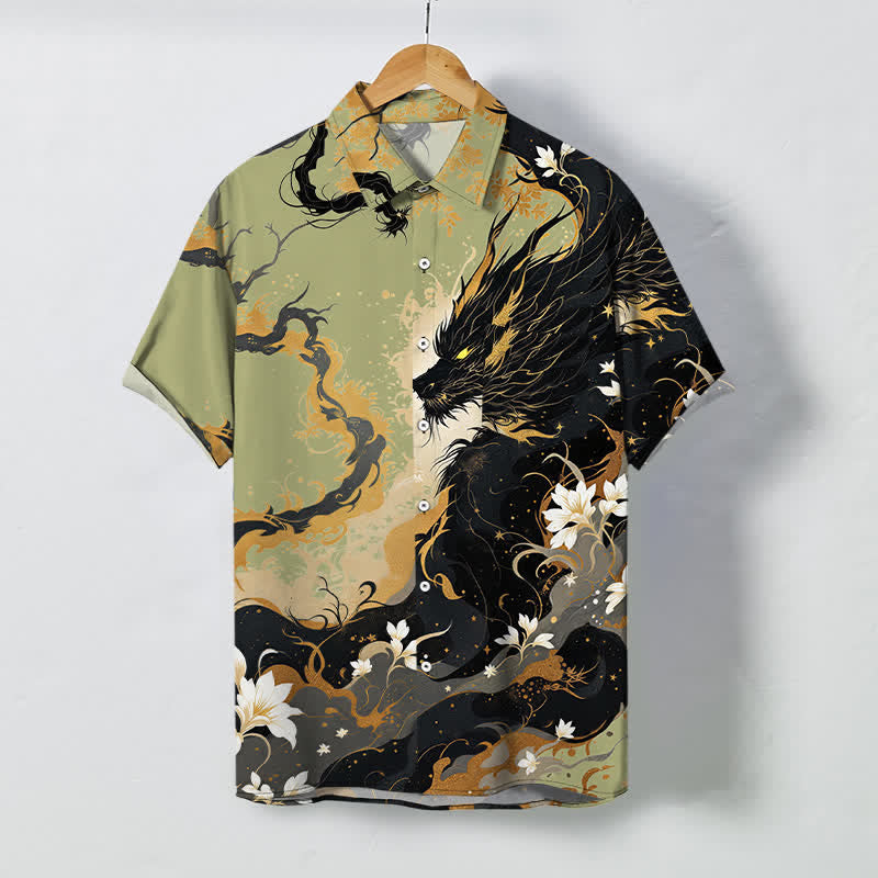 Nimara Ritual Golden Dragon Cloud Floral Pattern Buttons Breathable Men's Short Sleeve Shirt