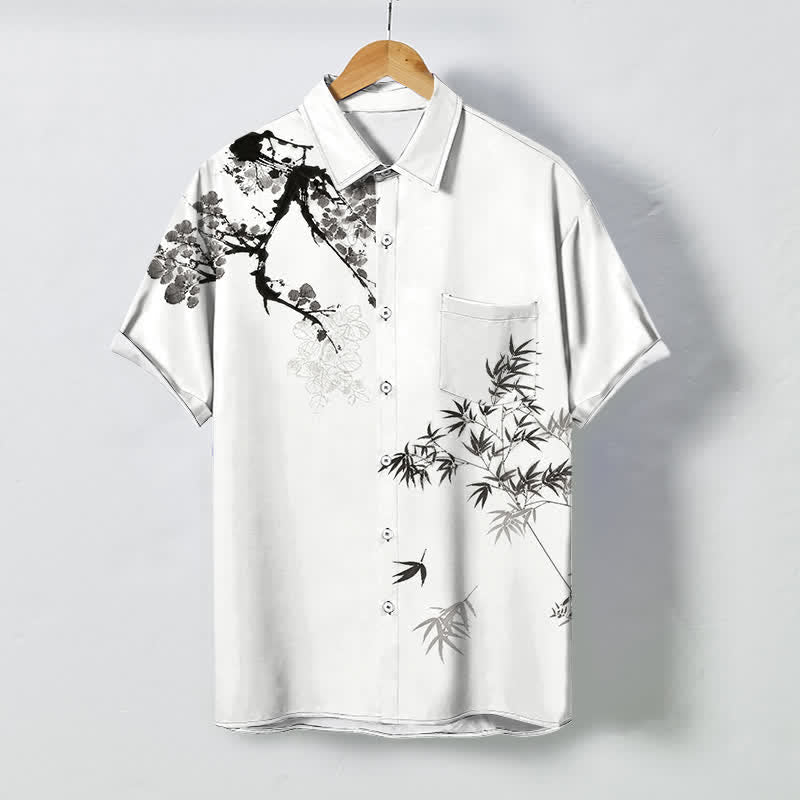 Nimara Ritual Ink Bamboo Leaf Tree Branches Pattern Buttons Breathable Men's Short Sleeve Shirt